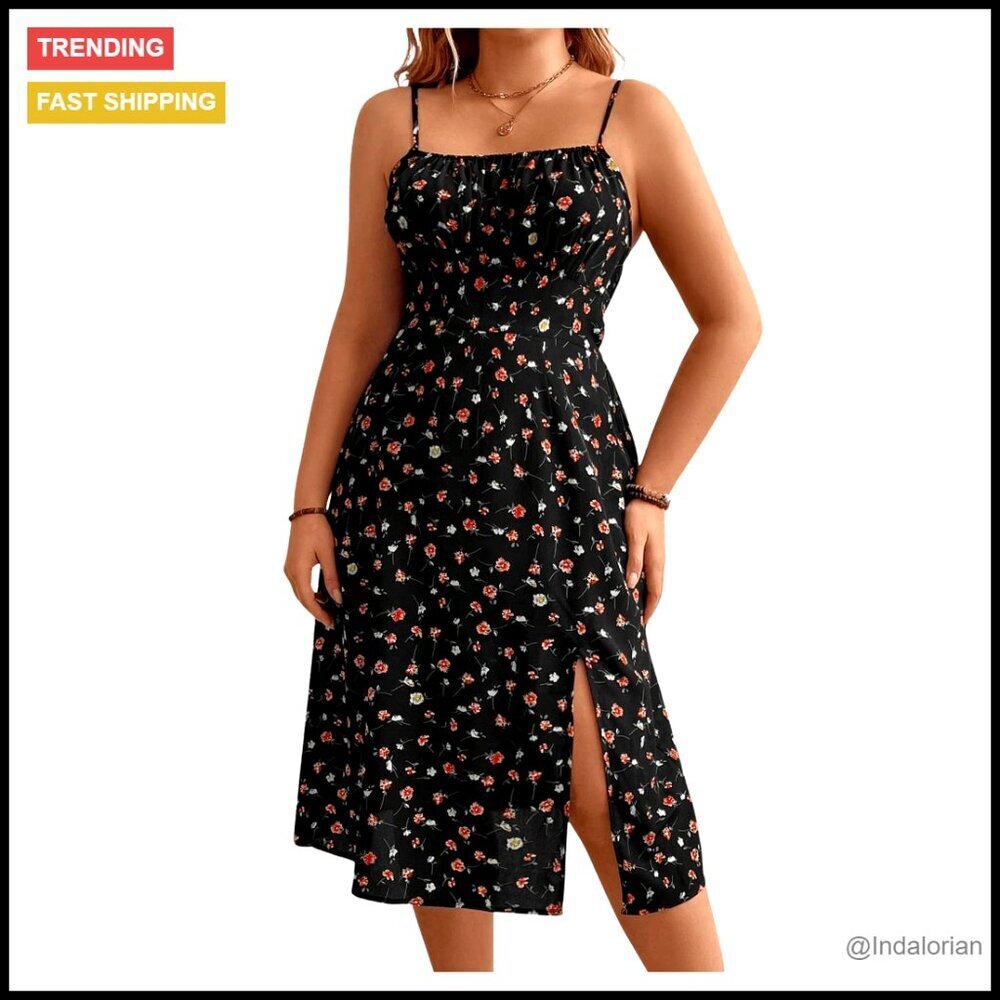 Leopard Print Midi Dress Ruched Bust Slit Hem Summer Vacation Cami